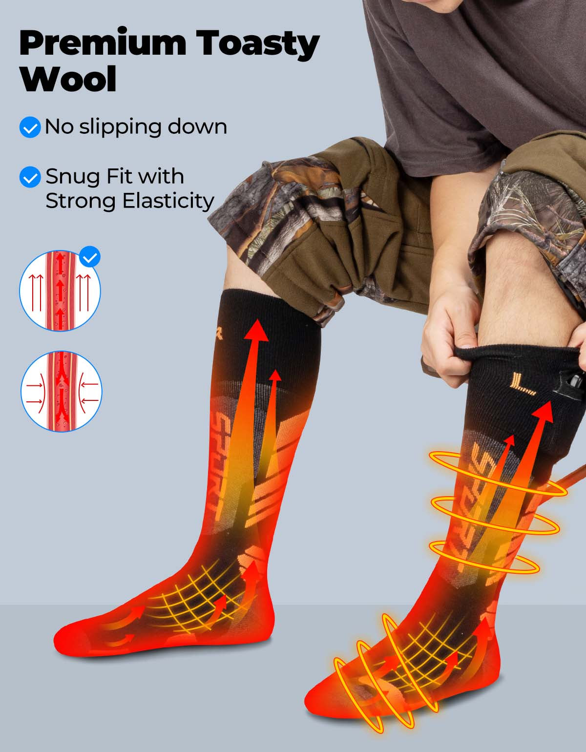 Wool Heated Socks for Unisex APP Control Orange