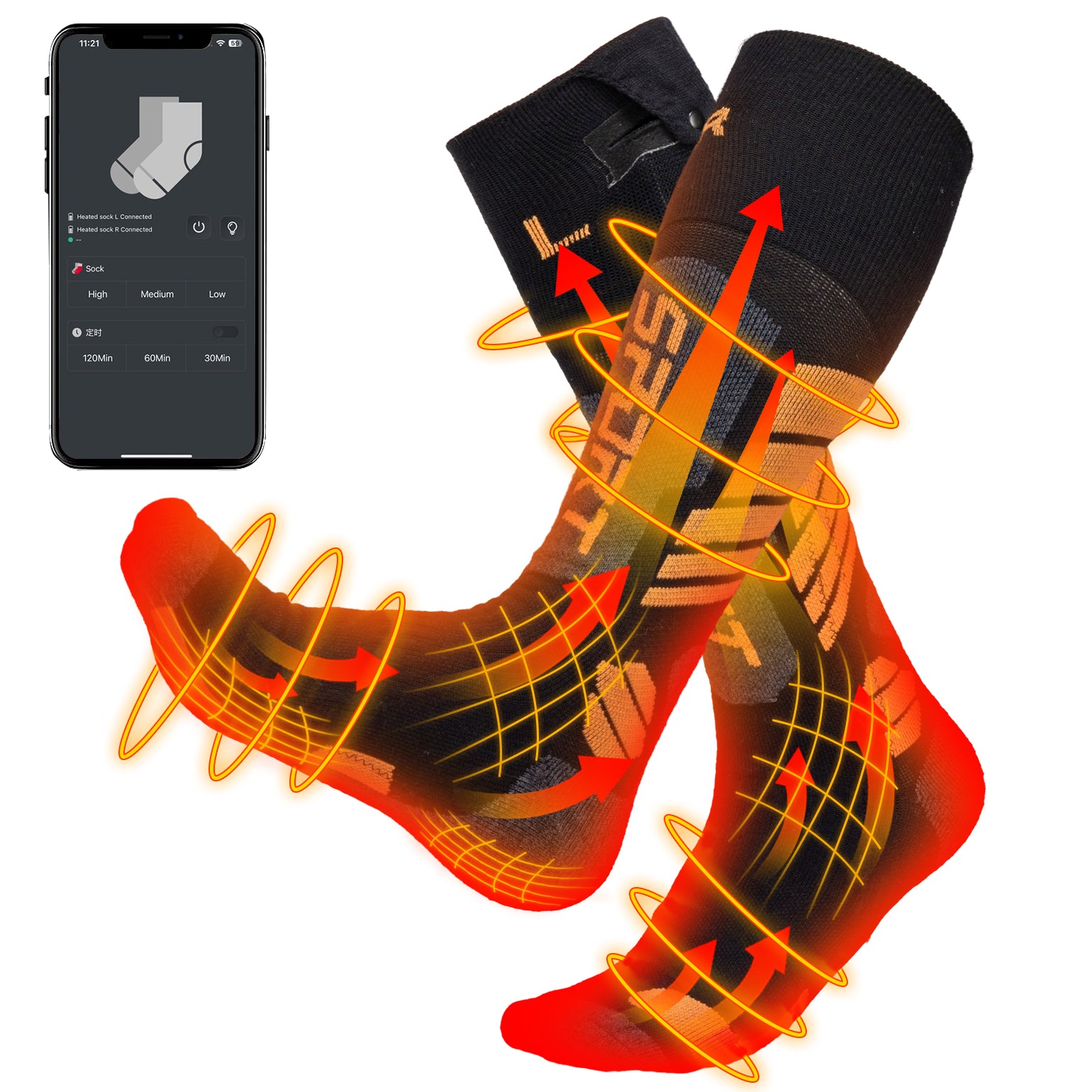 Wool Heated Socks for Unisex APP Control Orange