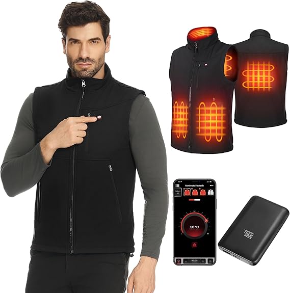 Men's Heated Vest by APP Temp Control for Skiing Hiking Hunting