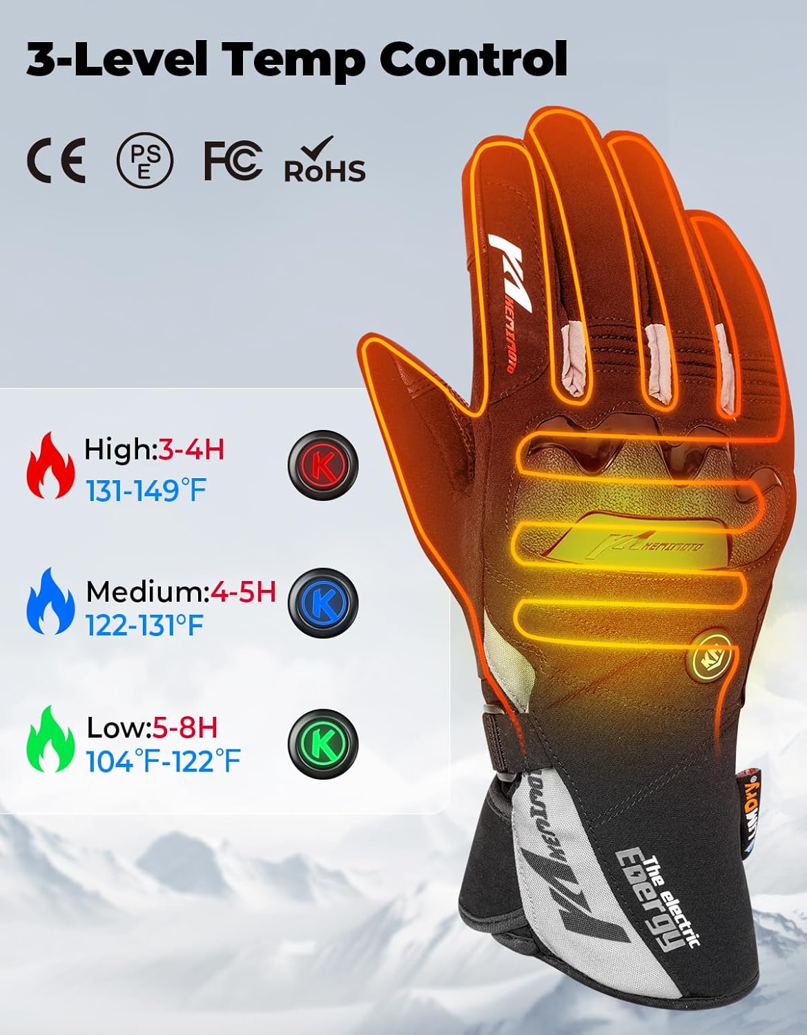 Heated Motorcycle Gloves Waterproof Touchscreen for Men and Women 7.4V 2500mAh - Kemimoto