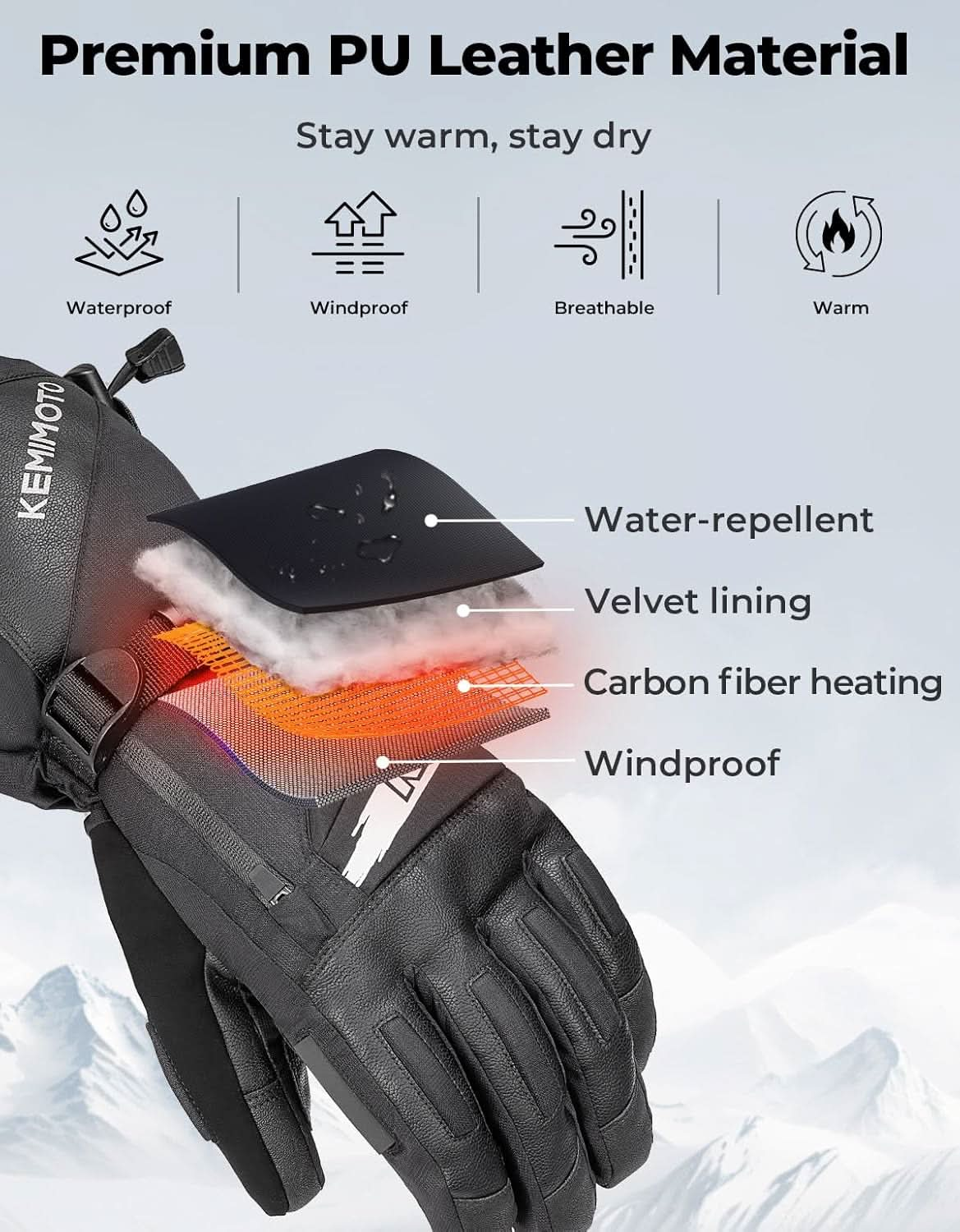 EVA-Pad Heated Gloves for Unisex, Touchscreen Snowmobile Gloves for Winter