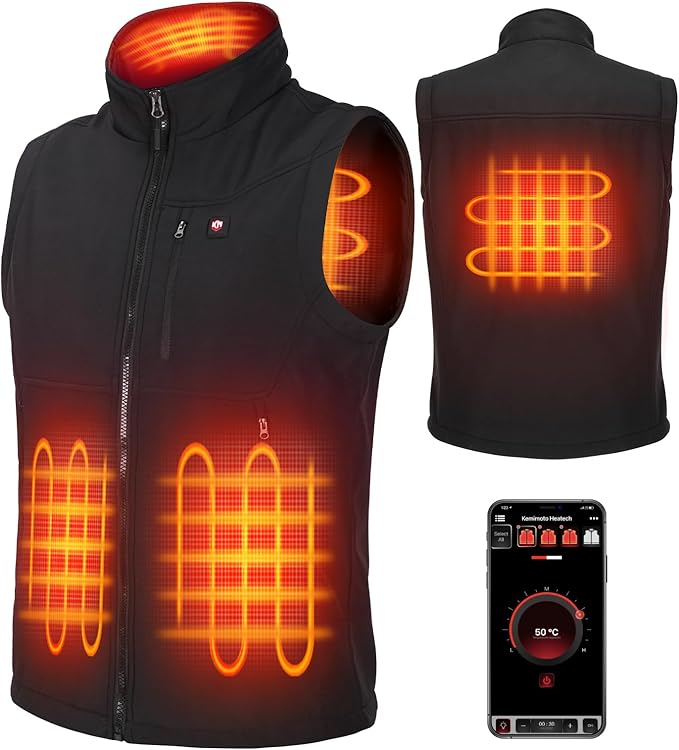 Men's Heated Vest by APP Temp Control for Skiing Hiking Hunting - Kemimoto