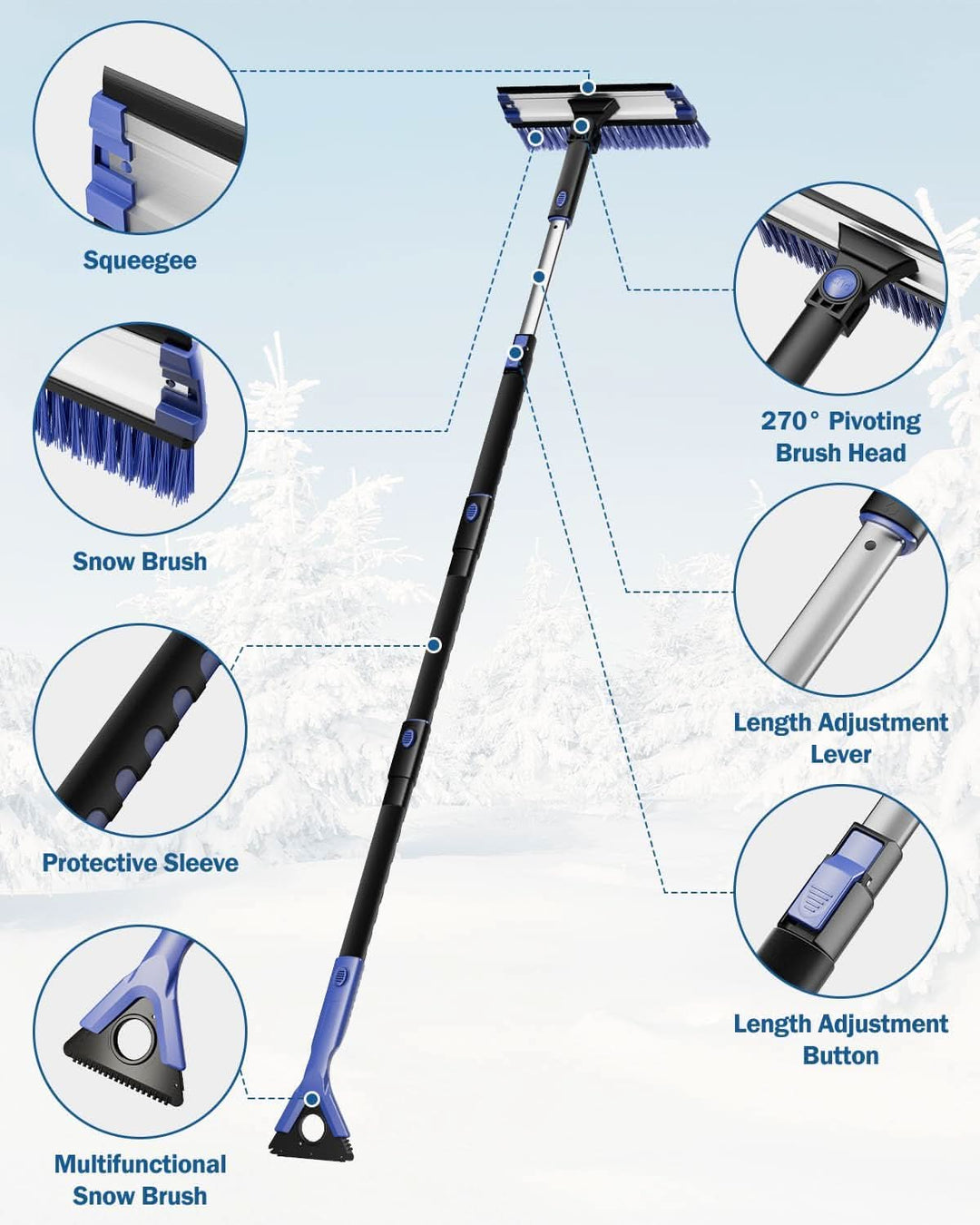 JOYTUTUS 47” Car Snow Brush, 4 in 1 Extendable Auto Car Snow Removal Broom Brush with Squeegee