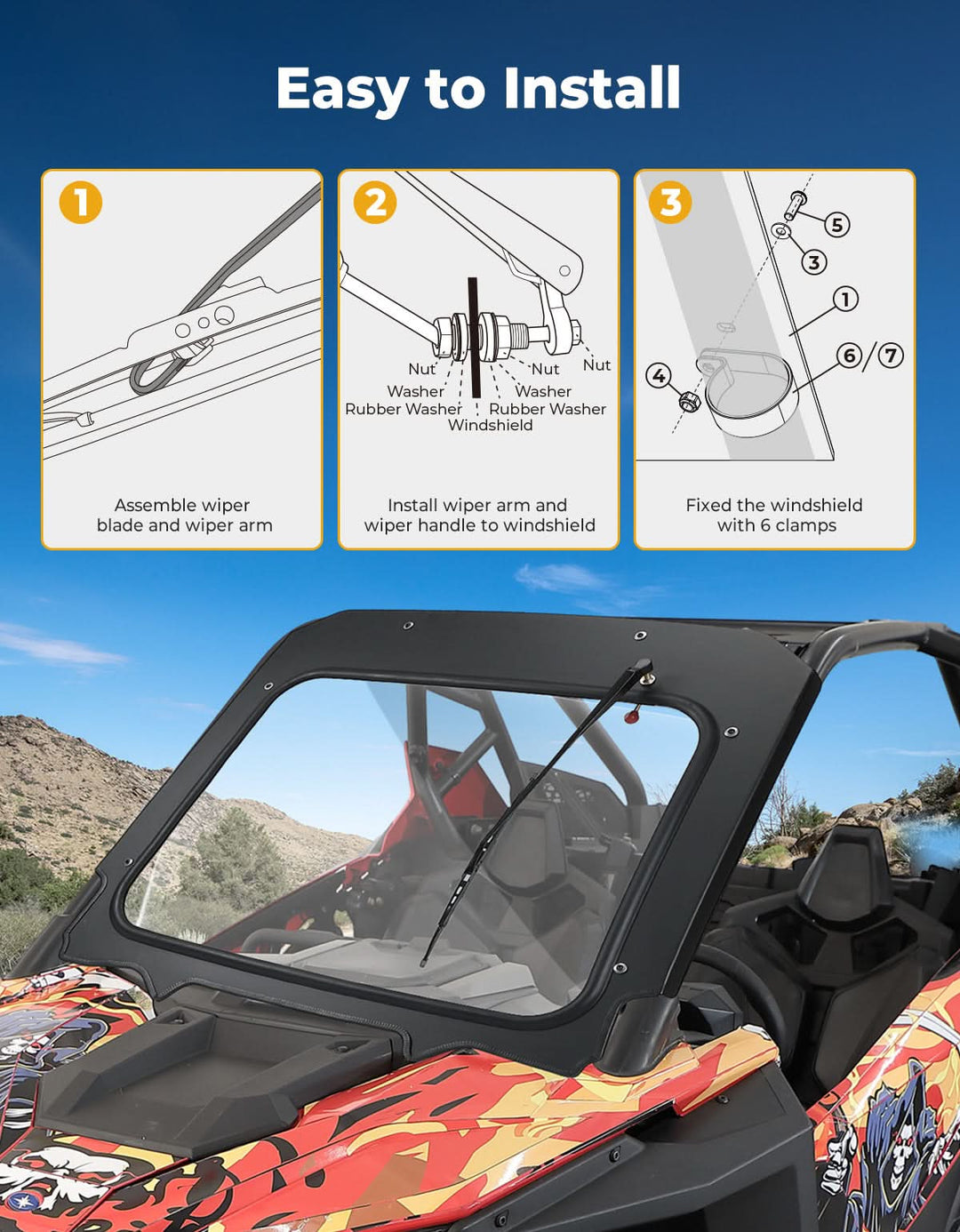 Glass Windshield with Manual Wipers for Polaris RZR PRO XP / RZR Turbo R 2020-2024