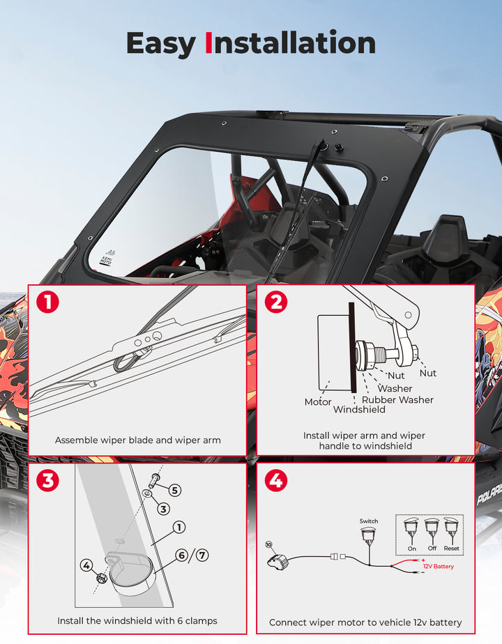 Glass Windshield with Electric Wipers for 2020-2024 Polaris RZR PRO XP / RZR Turbo R