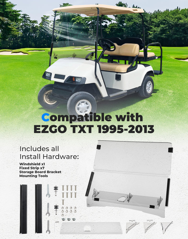 Folding Down Windshield Clear W/ Storage for EZGO TXT - Kemimoto