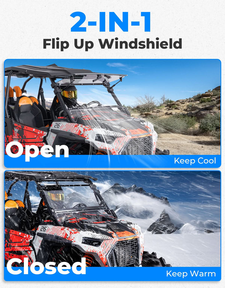 2-IN-1 Flip Up Windshield for 2019-2023 Polaris RZR XP 1000 /RZR XP Turbo 2 and 4 Seater