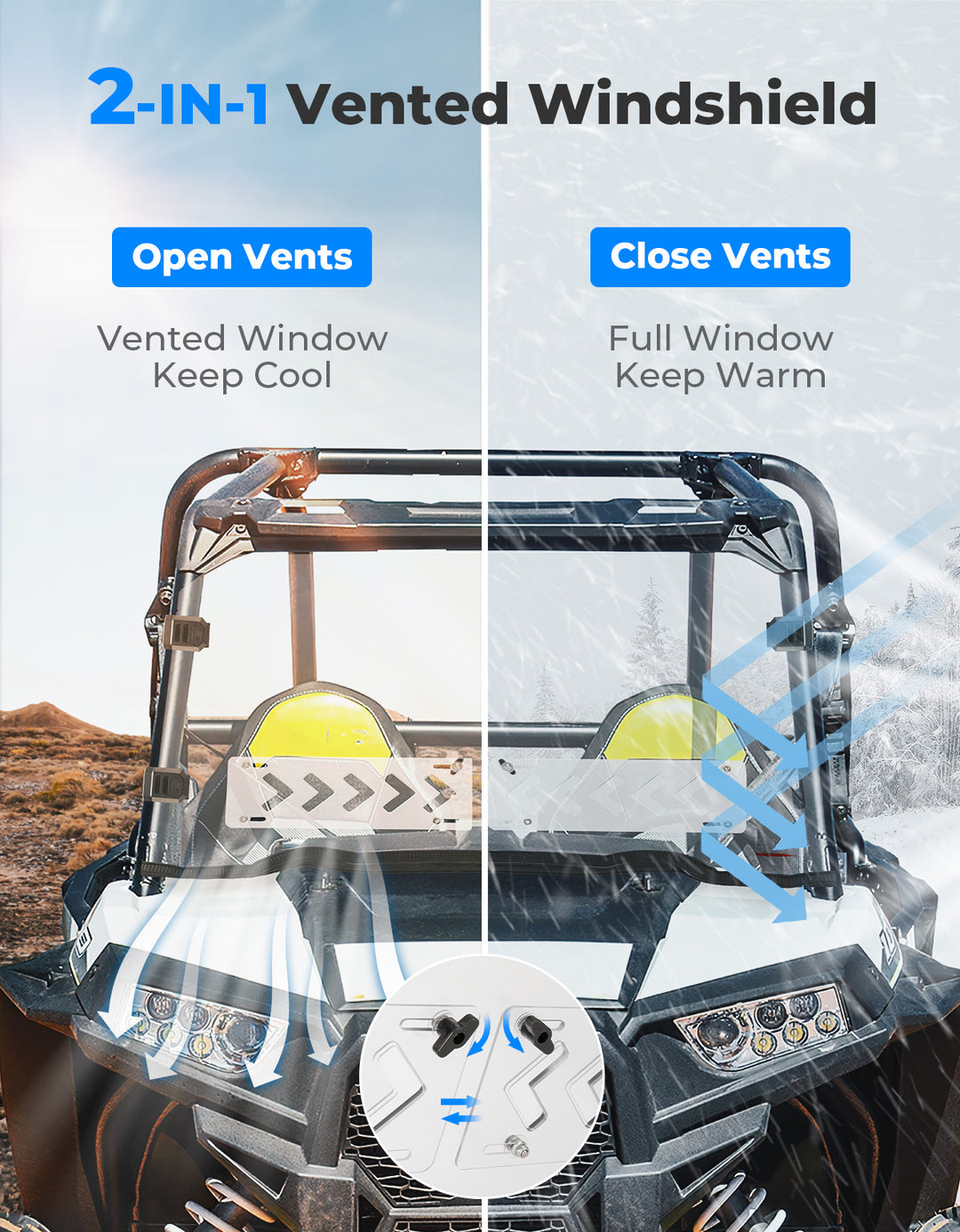 2-IN-1 Vented Front Windshield for 2014-2018 Polaris RZR XP 1000 / RZR 900 / RZR XP Turbo