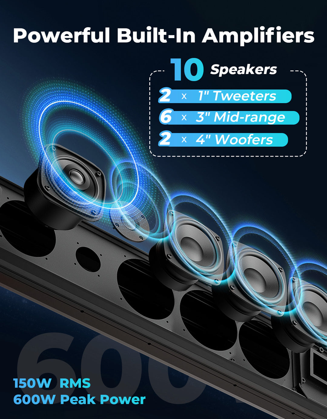 10 Speaker Aluminum RGB Sound Bar for UTV Golf Cart Marine with 1.25 in - 2 in Roll Bar