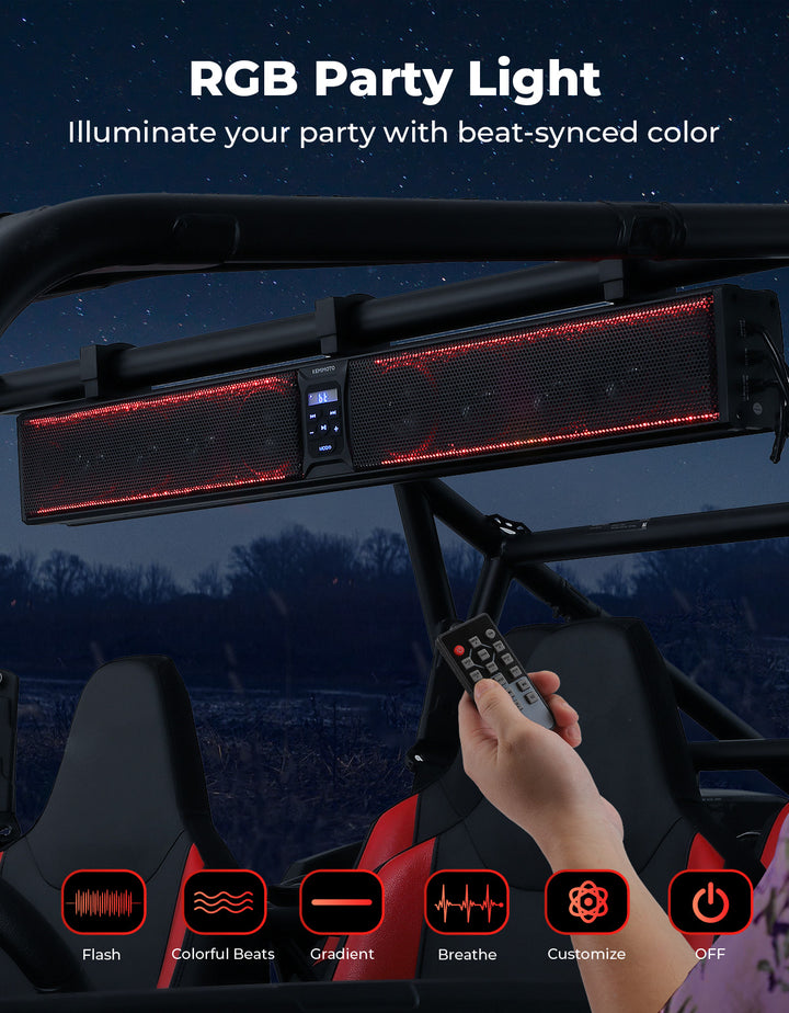 10 Speaker Aluminum RGB Sound Bar for UTV Golf Cart Marine with 1.25 in - 2 in Roll Bar