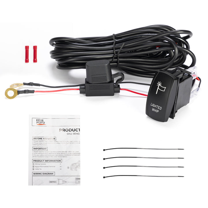 Whip Lights Rocker Switch with Wiring Harness Kit for 12V UTV ATV