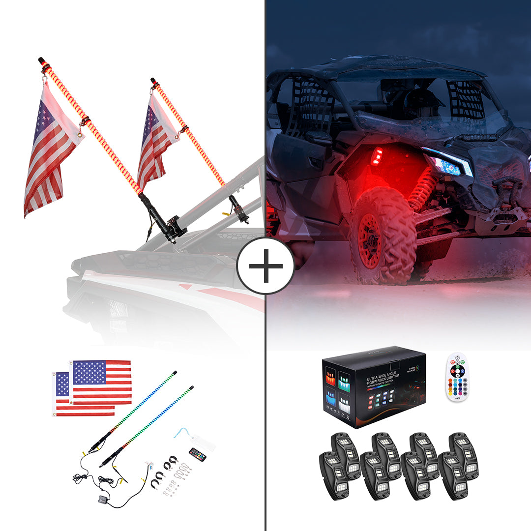 3FT COB Whip Lights & RGB Rock Light Kit for UTV ATV Jeep