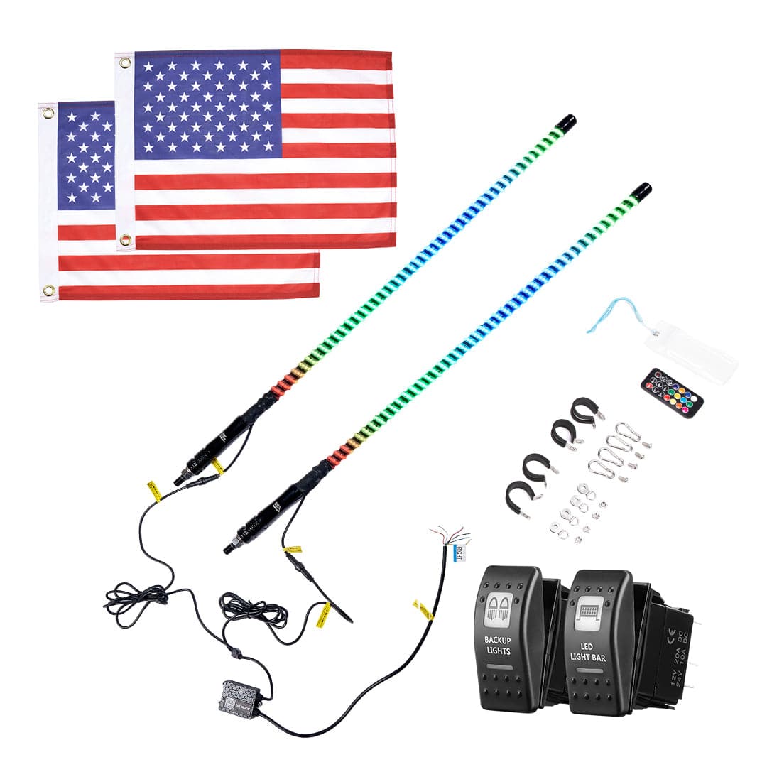 2PCS 3FT COB Whip Lights w/ App & Remote Control for UTV ATV Boats