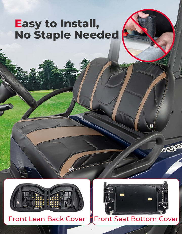 Front Seat Covers for Club Car Precedent, Tempo, No Staples Needed, Black and Brown - Kemimoto