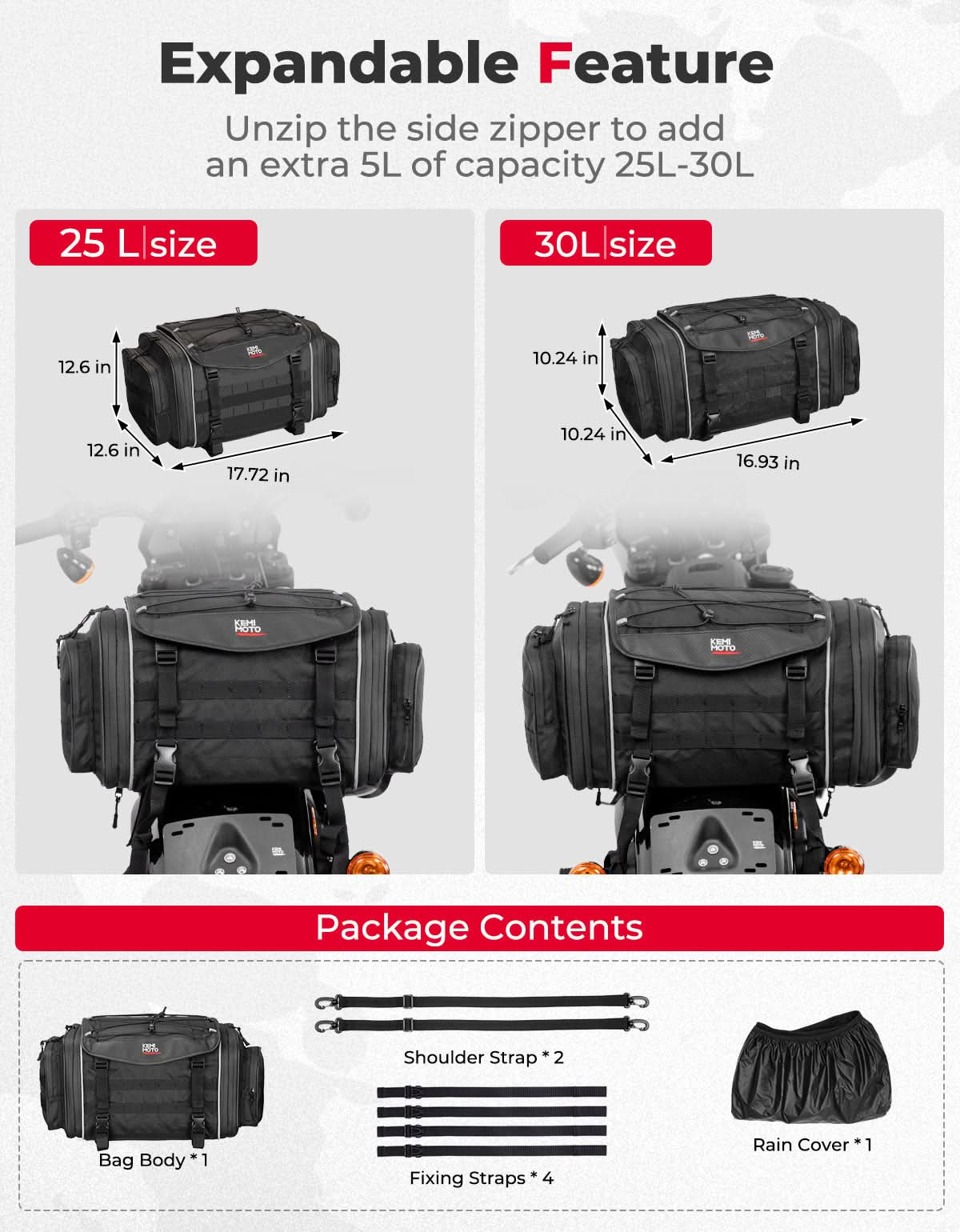 Motorcycle Travel Luggage Bags, 23L-30L Expandable Tail Bag