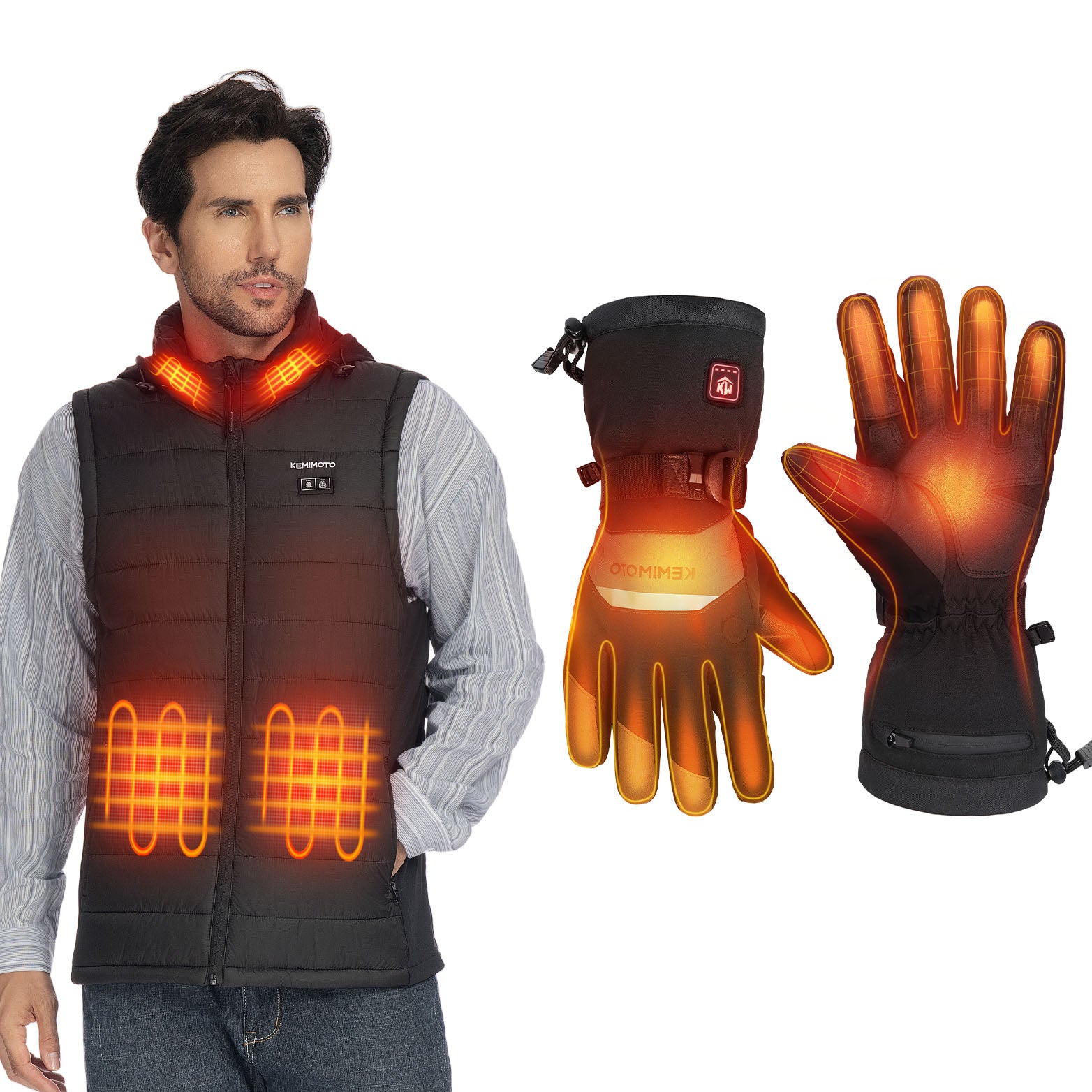 Hooded Heated Vest & Heated Gloves with Magnetic Flap