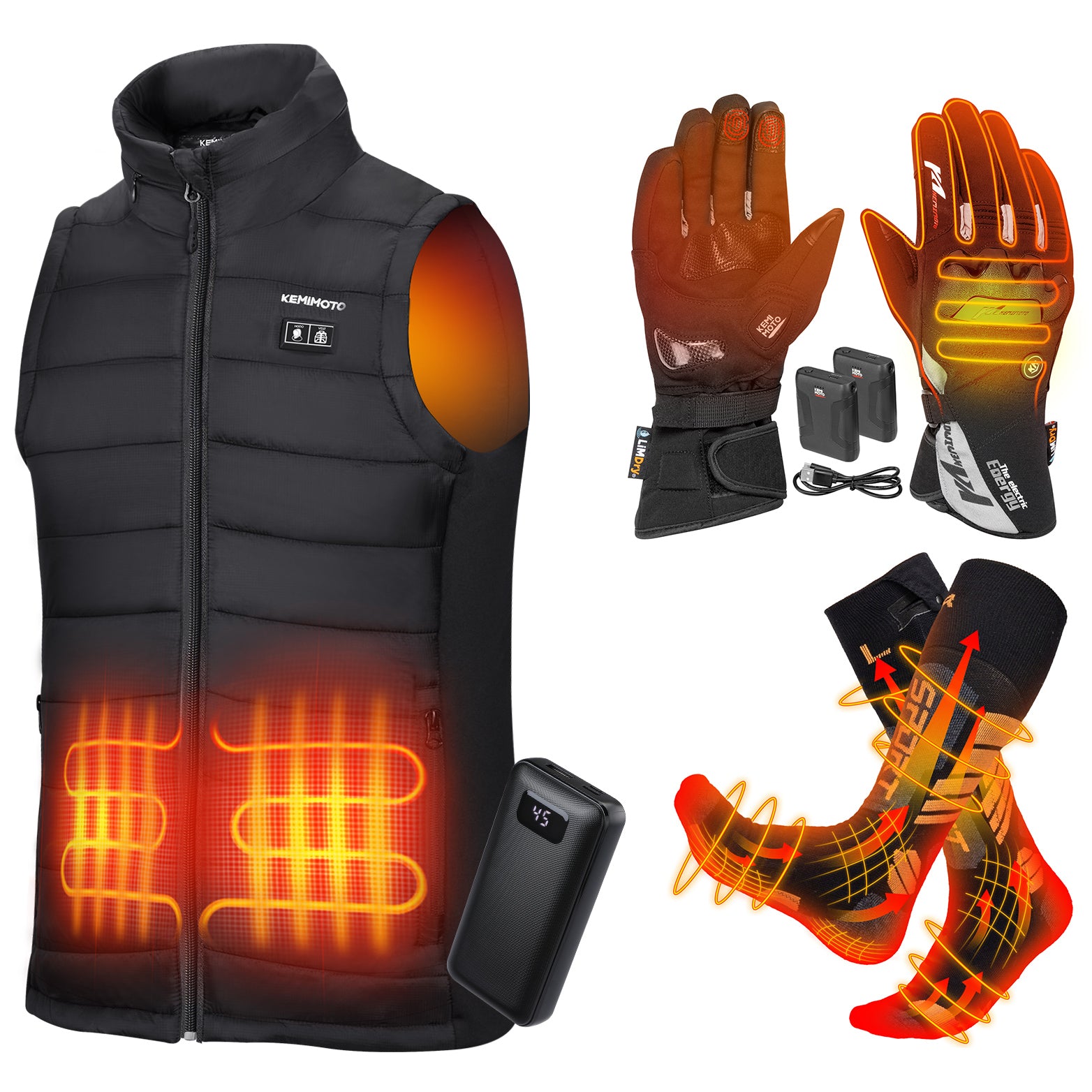 Hooded Heated Vest & 7.4V Heated Gloves & Heated Socks