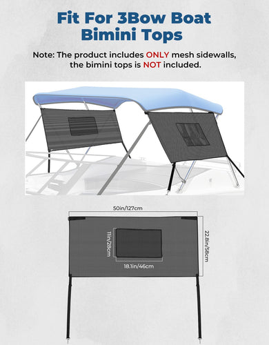 Detachable Mesh Sidewalls for 3 Bow Bimini Tops