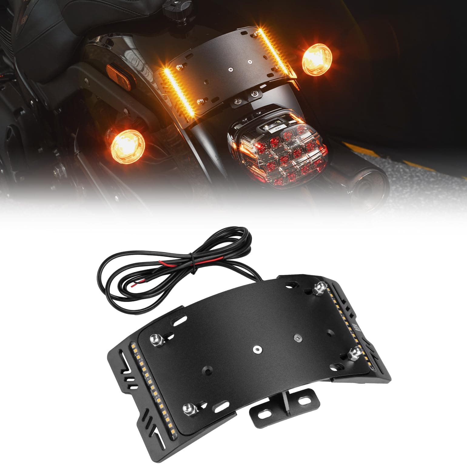 License Plate Bracket Holder W/ Amber LED Light for Softail Cruiser Low Rider - Kemimoto