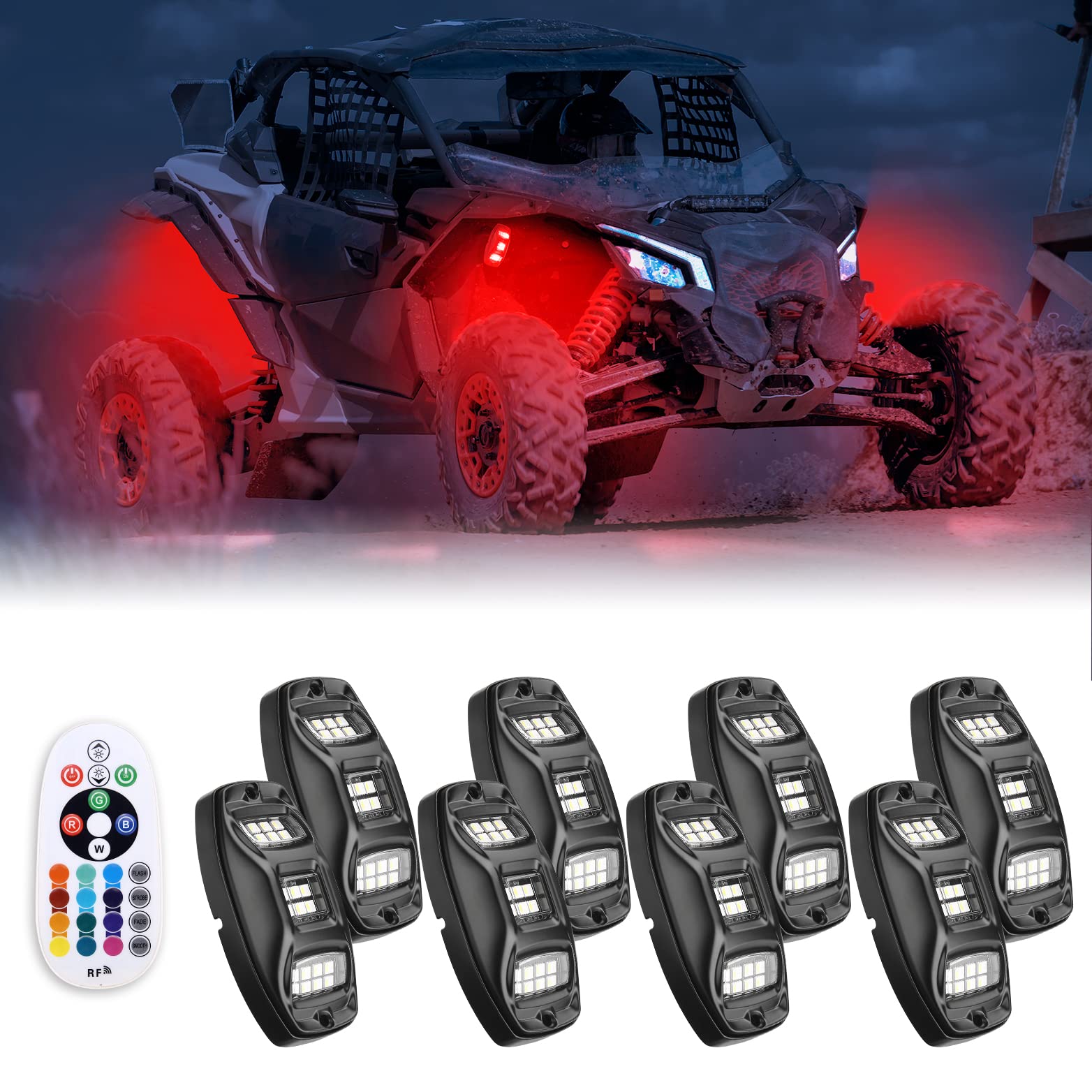 3FT COB Whip Lights & RGB Rock Light Kit for UTV ATV Jeep