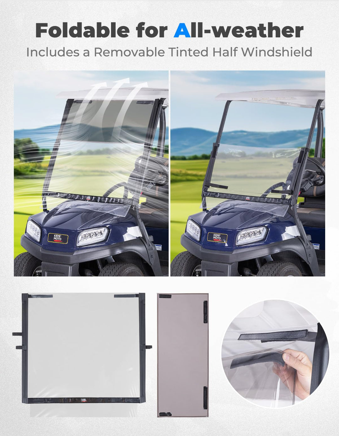 PVC Foldable Design & Tinted Half Windshield for Club Car DS, Tempo, Precedent - Kemimoto