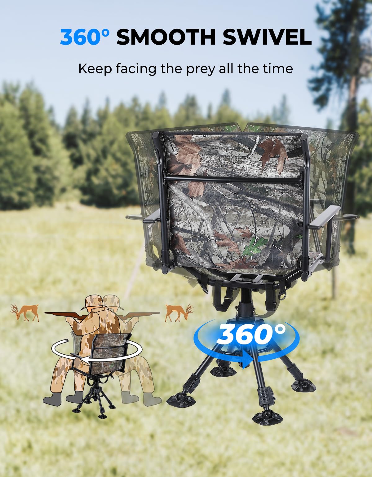 Camo 360 Degree Silent Swivel Blind Hunting Chair - Kemimoto