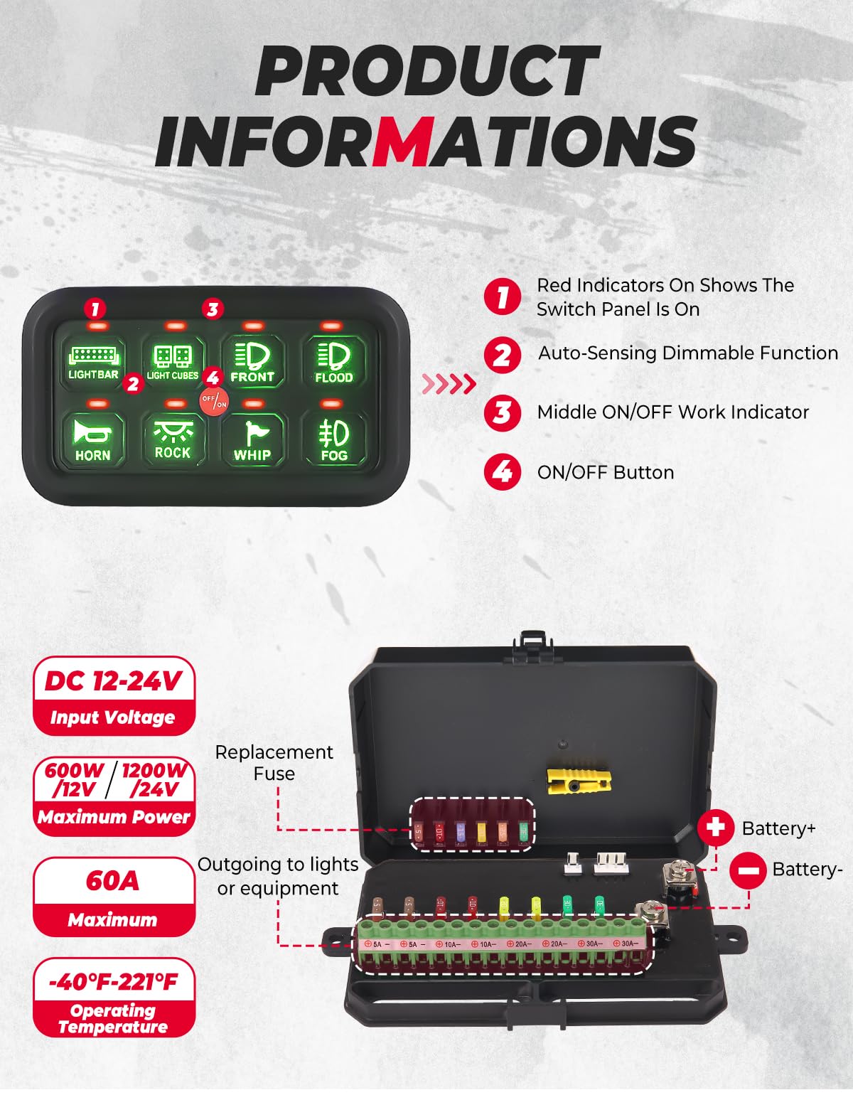 12-24V 8 Gang Switch Panel for Cars, UTVs, Trucks, Wrangler & RZR X3 - Kemimoto