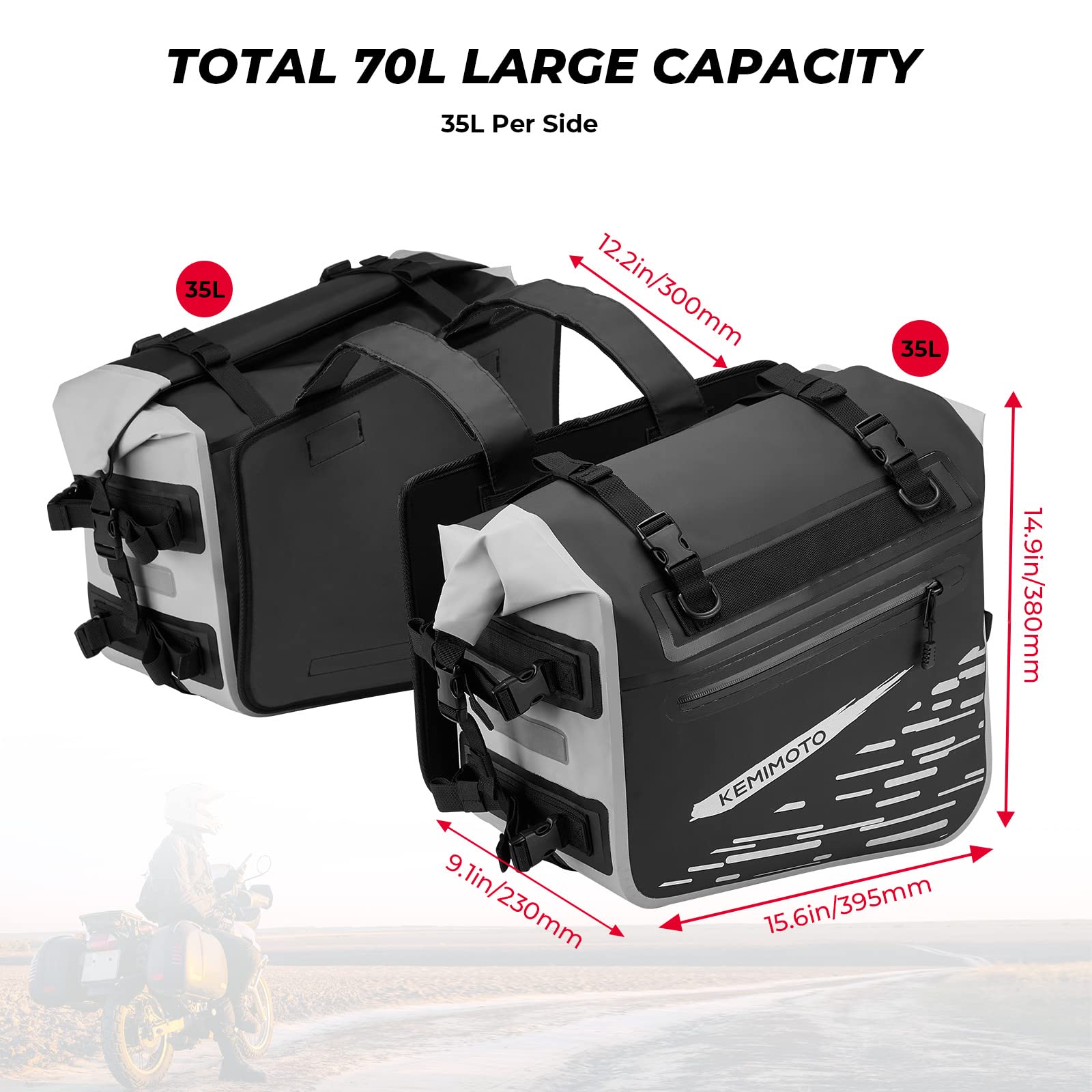 70L Waterproof Saddlebags for Adventure Touring Street Bike Dual Sport Bike - Kemimoto