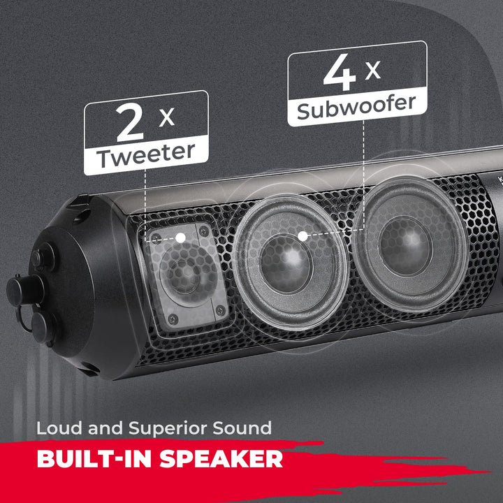 6 Speaker UTV Bluetooth Sound Bar, 28 Inches Wide, IPX5 Waterproof, Adapt to 1.56"-2.25" Roll Bar - Kemimoto