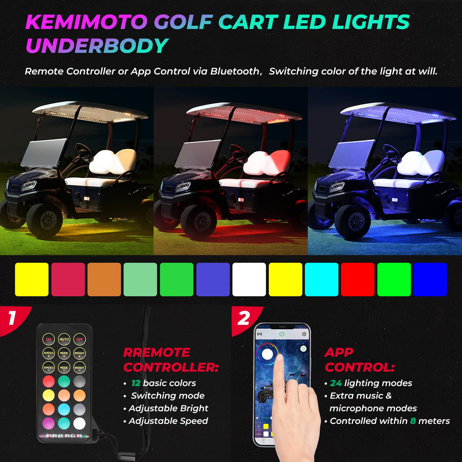 Golf Cart Million Colors Underglow LED Light Kit 12V 12PCS - Kemimoto