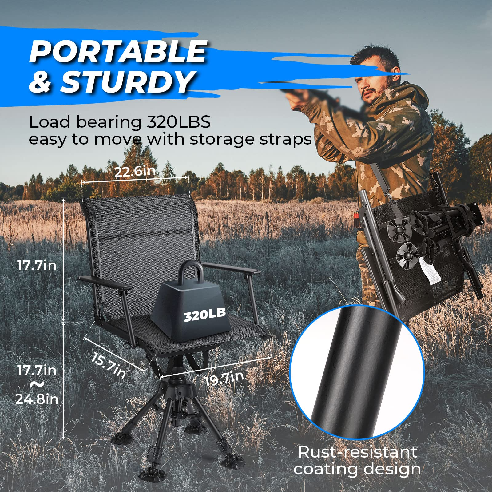 Hunting Fishing Chair, 360° Silent Swivel Hight Adjustable Quick Folding Blind Chair - Kemimoto