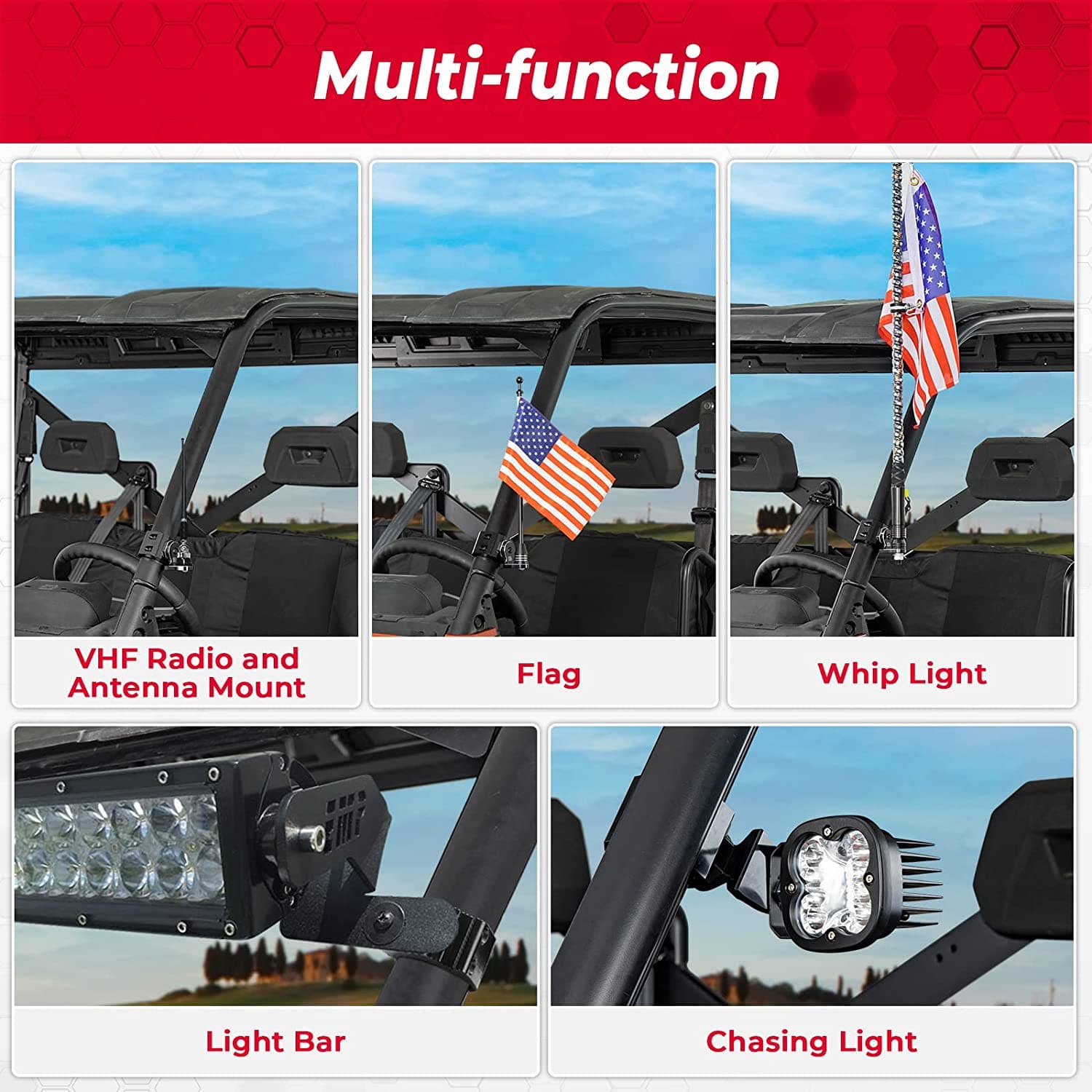 UTV Pro-fit Flag Mount Whip Light Adjustable Whip Mounting Bracket - Kemimoto